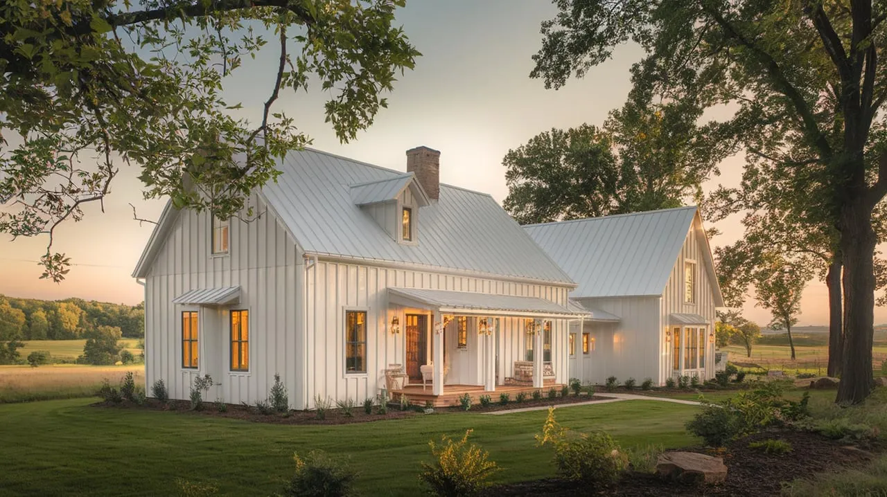 White farmhouse with metal roof, glowing windows, and wraparound porch beneath large trees at sunset.