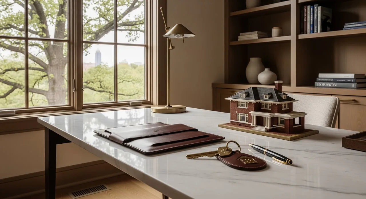 Architectural model of a brick house on a marble desk beside plans, a brass lamp, and tall windows.