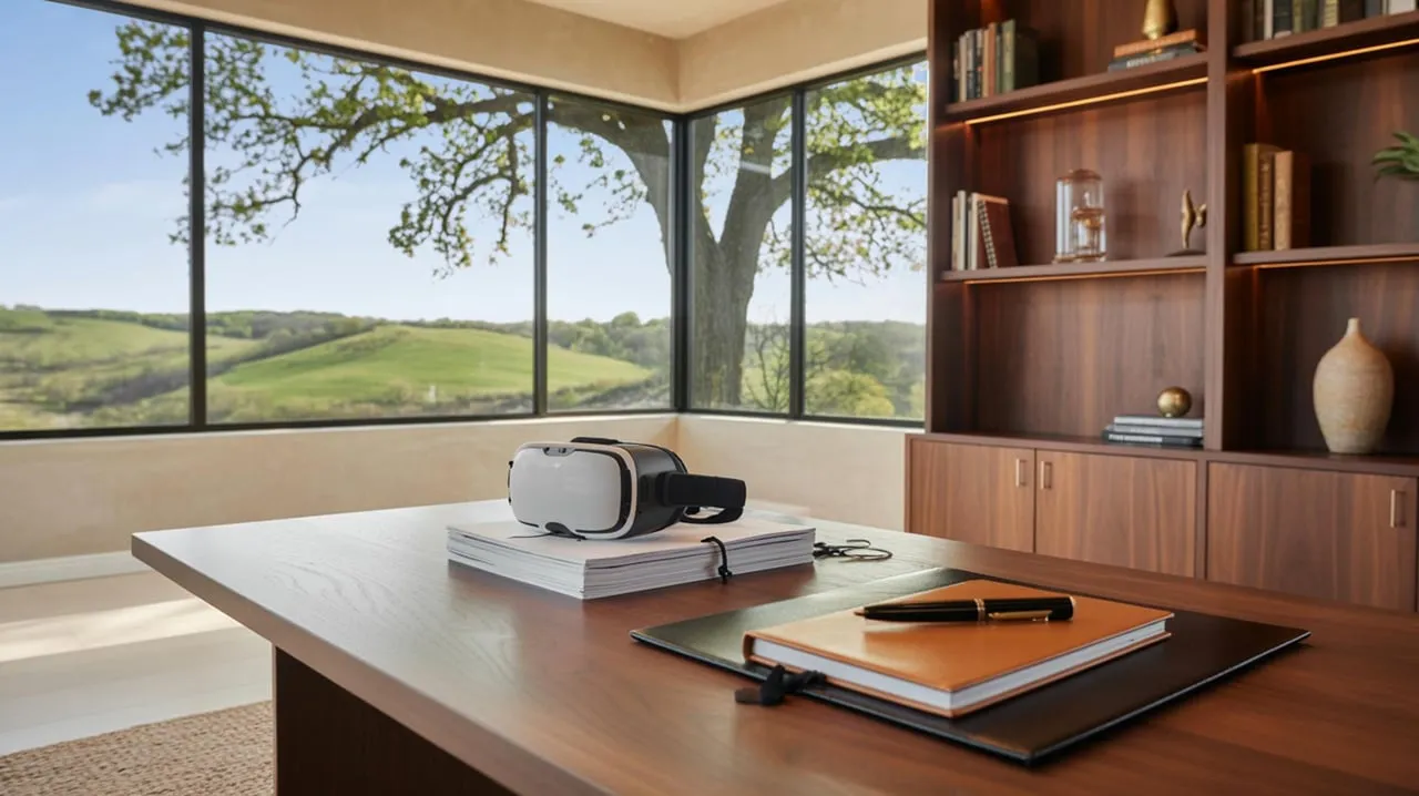 Virtual reality headset on a desk beside a built-in wooden bookcase and floor-to-ceiling windows overlooking green hills.