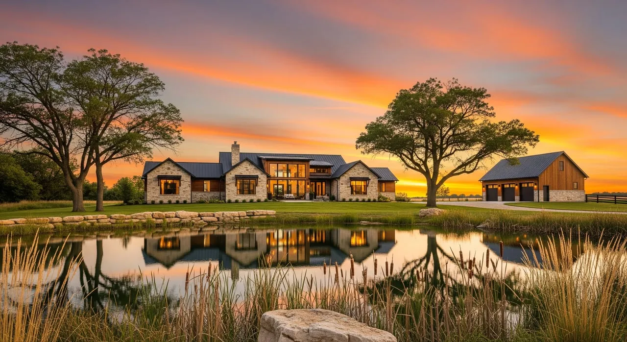 Modern farmhouse and detached barn reflected in a pond beneath an orange sunset sky.