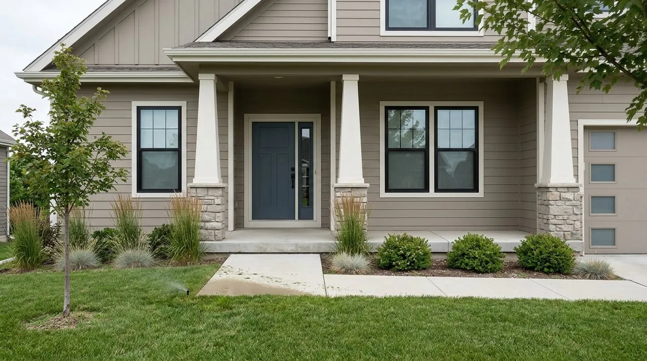 Warm-greige suburban home with a slate-blue door, stone porch bases, young tree, and grasses beside the concrete walk.