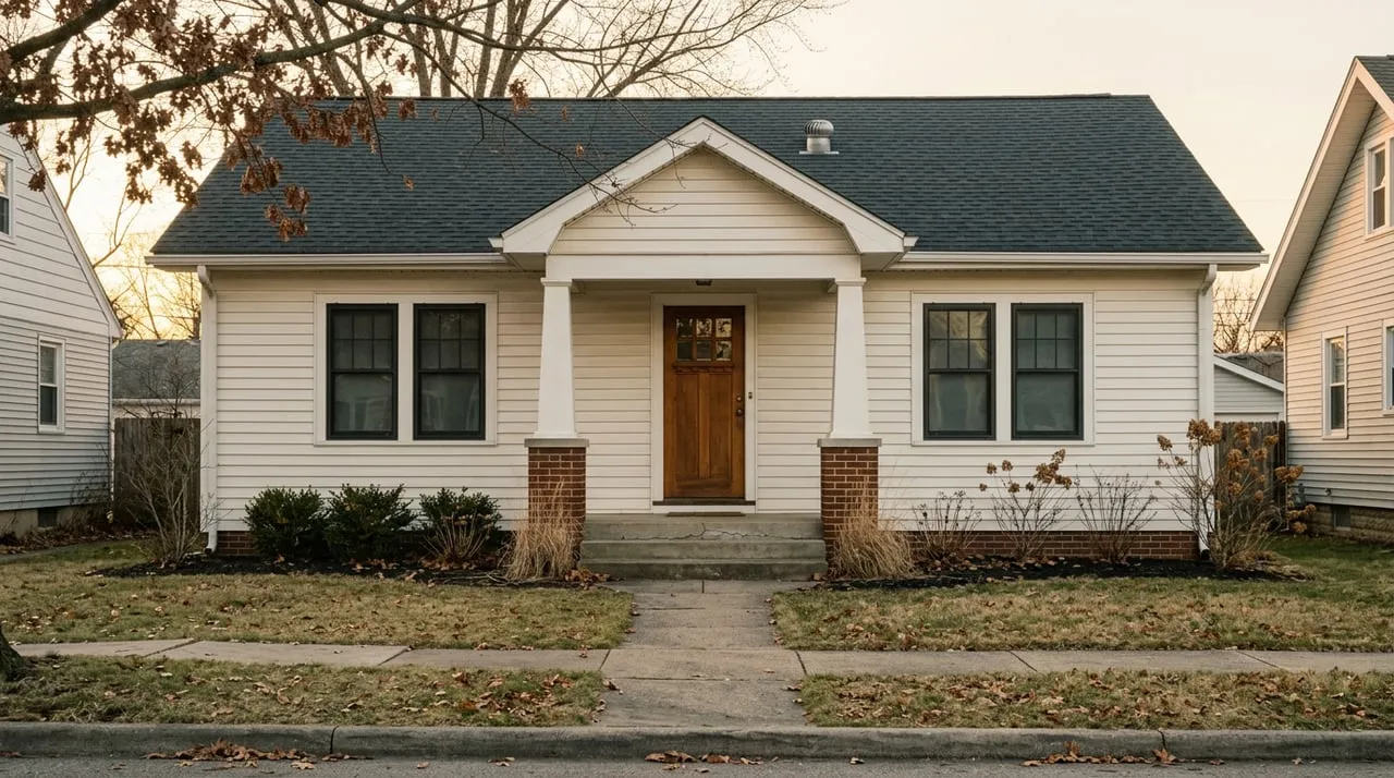 Character home with a covered porch, modest lawn, short walkway, and shoulder-season plants.