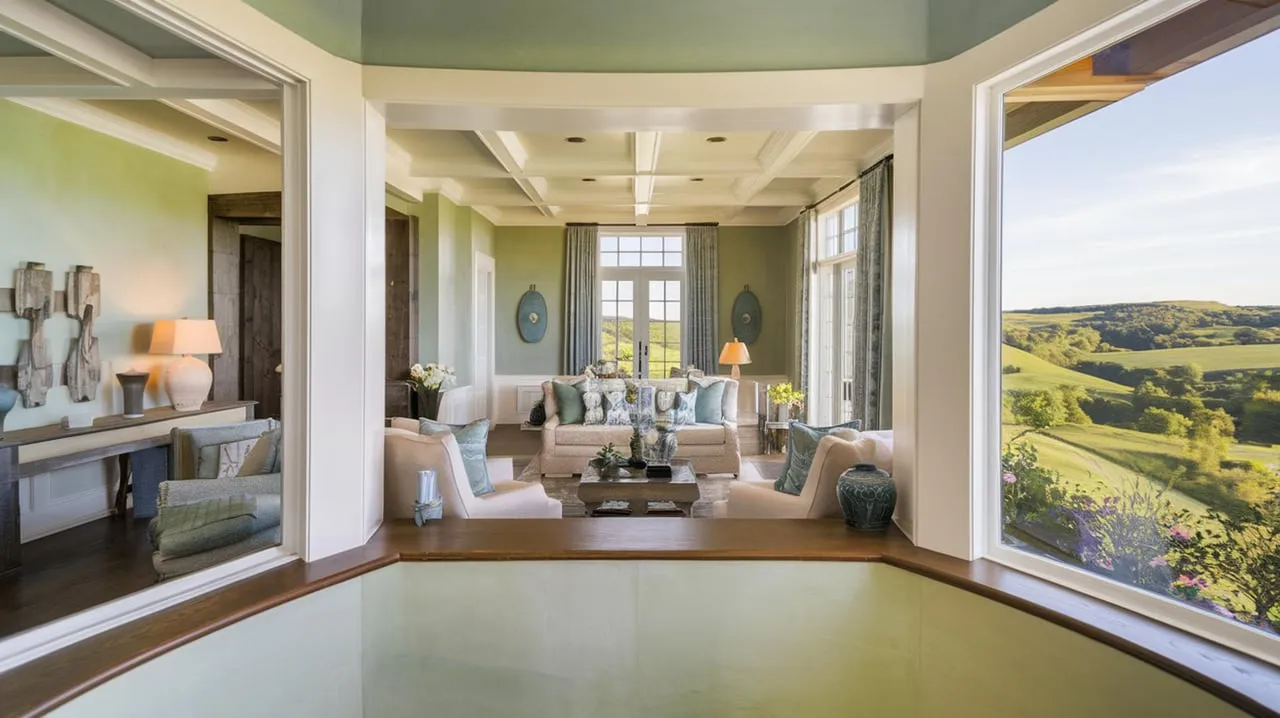 Elegant living room with a large window overlooking rolling green hills and fields.