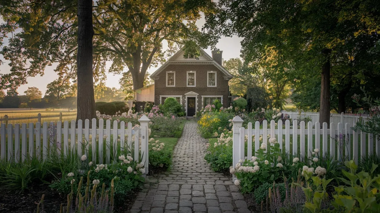 Stone path through a white picket gate leads to a gray cottage surrounded by flowering gardens and trees.