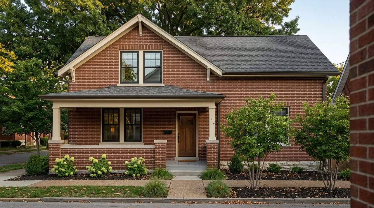 Two-story brick home with a covered porch, limestone foundation, and mature oak canopy.