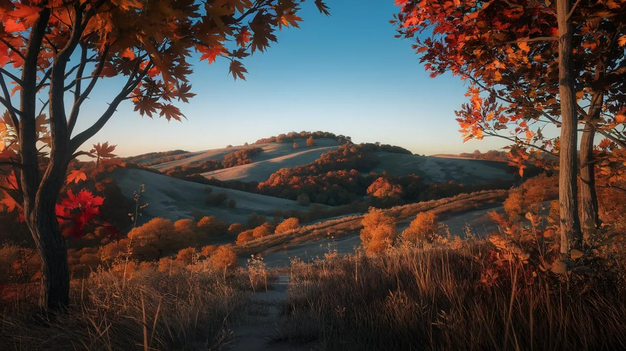 Autumn hills glow beyond a grassy path, framed by red-leaved trees.