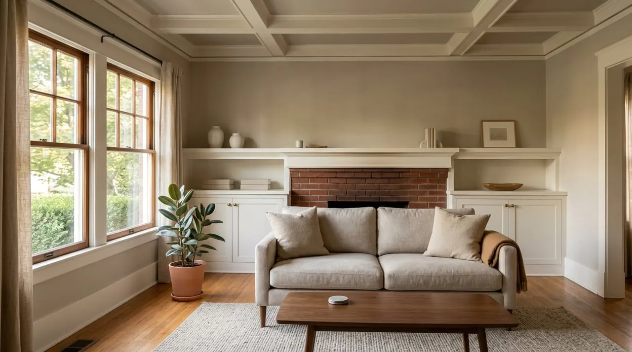 Staged living room with a brick fireplace, built-in shelves, and warm afternoon light.
