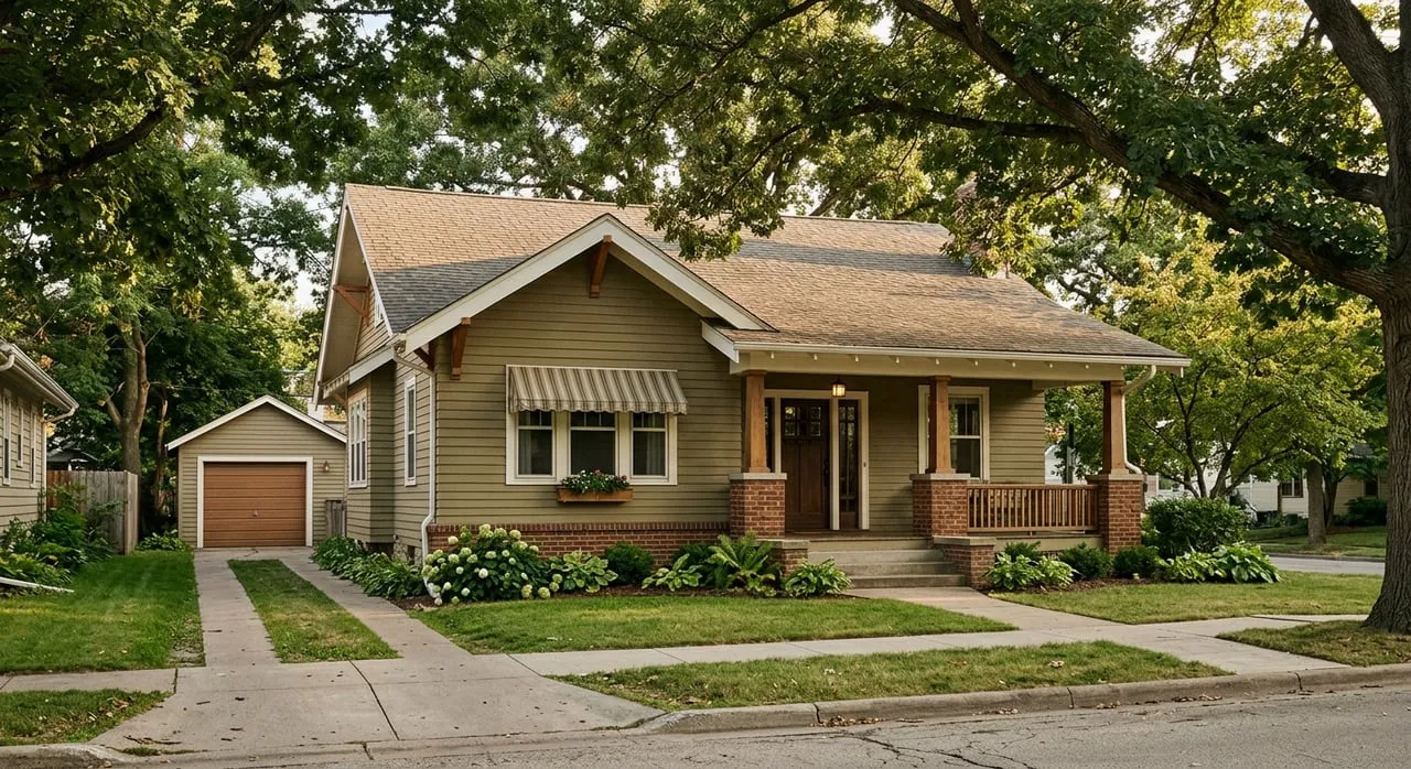 Off-white bungalow with brick porch piers, driveway leading to detached garage beneath a mature oak.