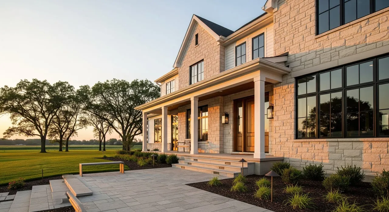 Large stone house with a covered porch, broad paved patio, and lawn lined with mature trees.