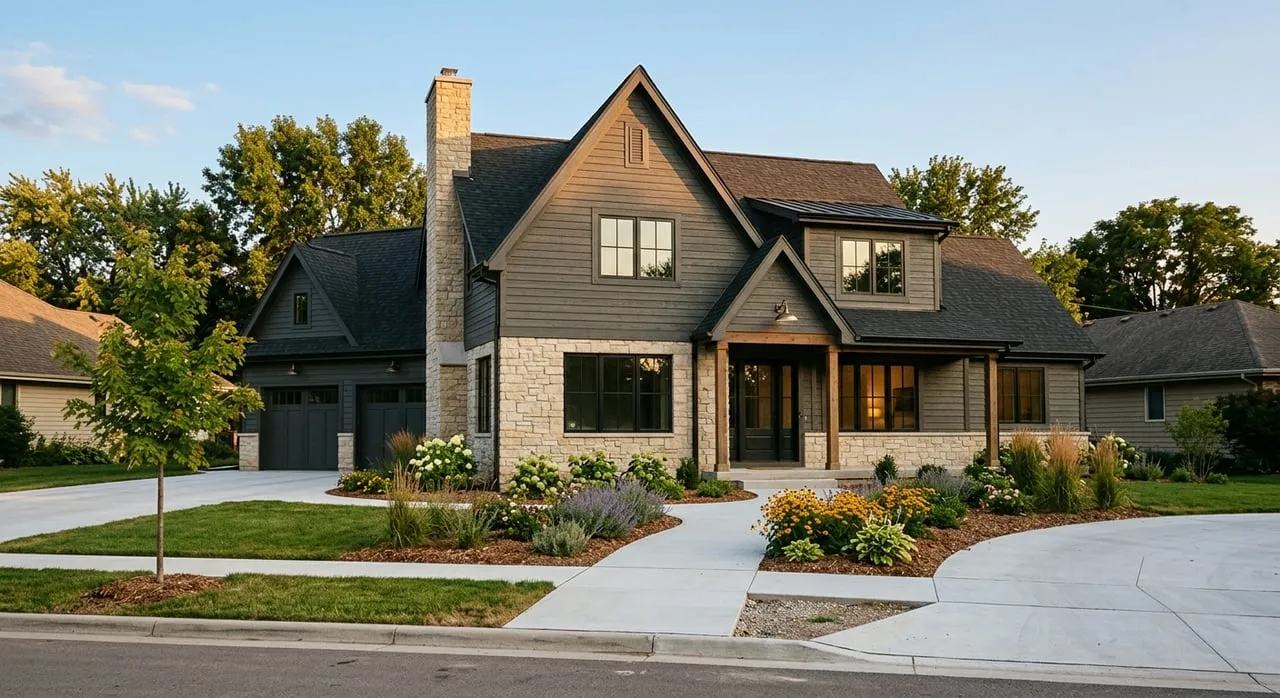 New home with greige siding, limestone base, black windows, charcoal garage door, and young landscaping.