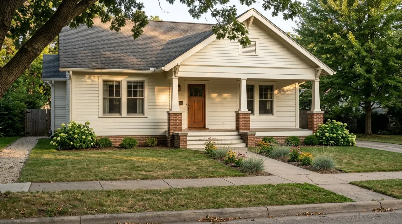 Character home with a clapboard facade and native-planted porch border.