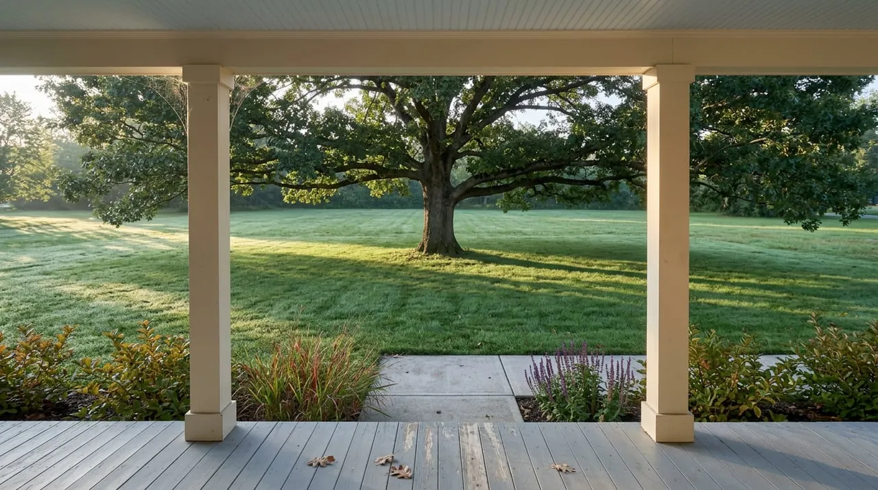 Painted porch posts frame a dewy lawn and mature bur oak with broad horizontal branches.
