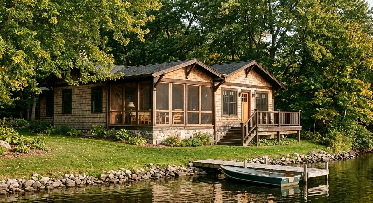 Cedar-shingled lakeside home with screened porch, deck stairs, limestone path, and a dock extending toward the water.