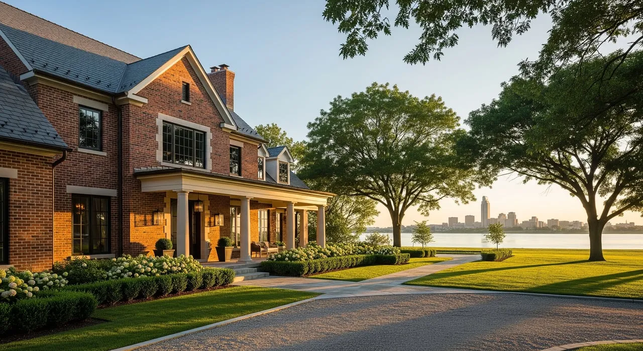 Red-brick home beside a tree-lined lawn, with a waterfront and distant city skyline beyond.