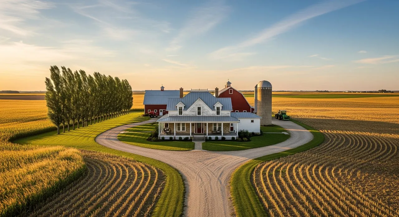 White farmhouse and red barns beside a silo, surrounded by golden fields and a curved gravel drive.