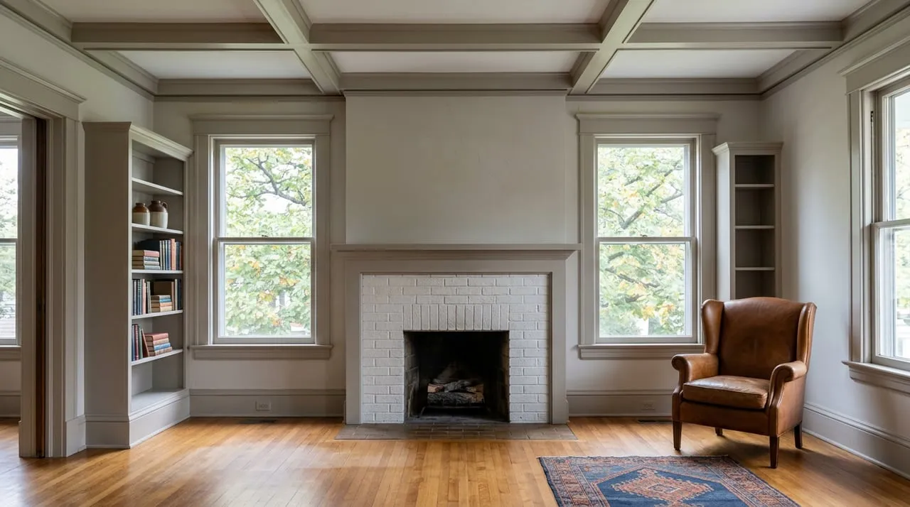 Period parlor with a white brick fireplace, coffered ceiling, oak floors, and a leather wingback chair.