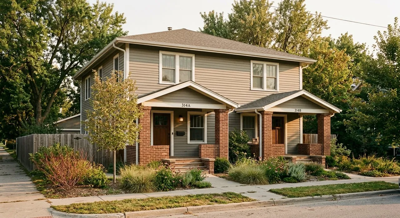 Off-white duplex with two brick-pier stoops, olive and charcoal doors, and separate walks crossing a lawn.