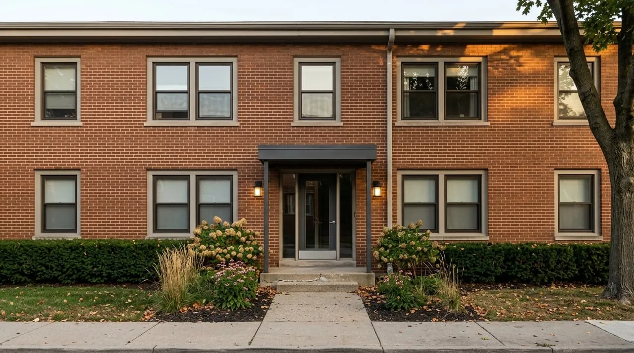 Small brick multifamily walk-up exterior beside a tree, with a narrow band of sky.