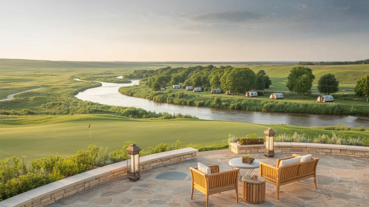 Stone terrace with wooden lounge chairs overlooks a winding river, green fields, and distant houses.