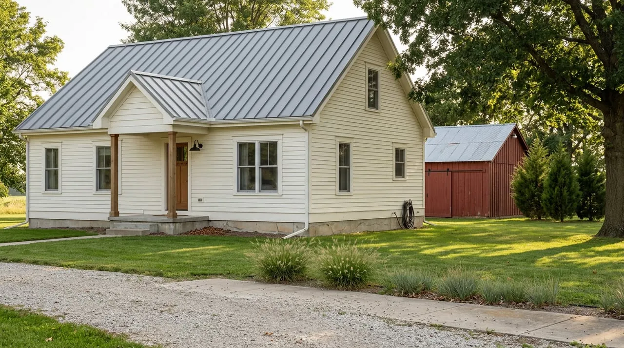 Farmhouse and detached outbuilding beside a gravel drive, framed by prairie-edge plants and mature trees.