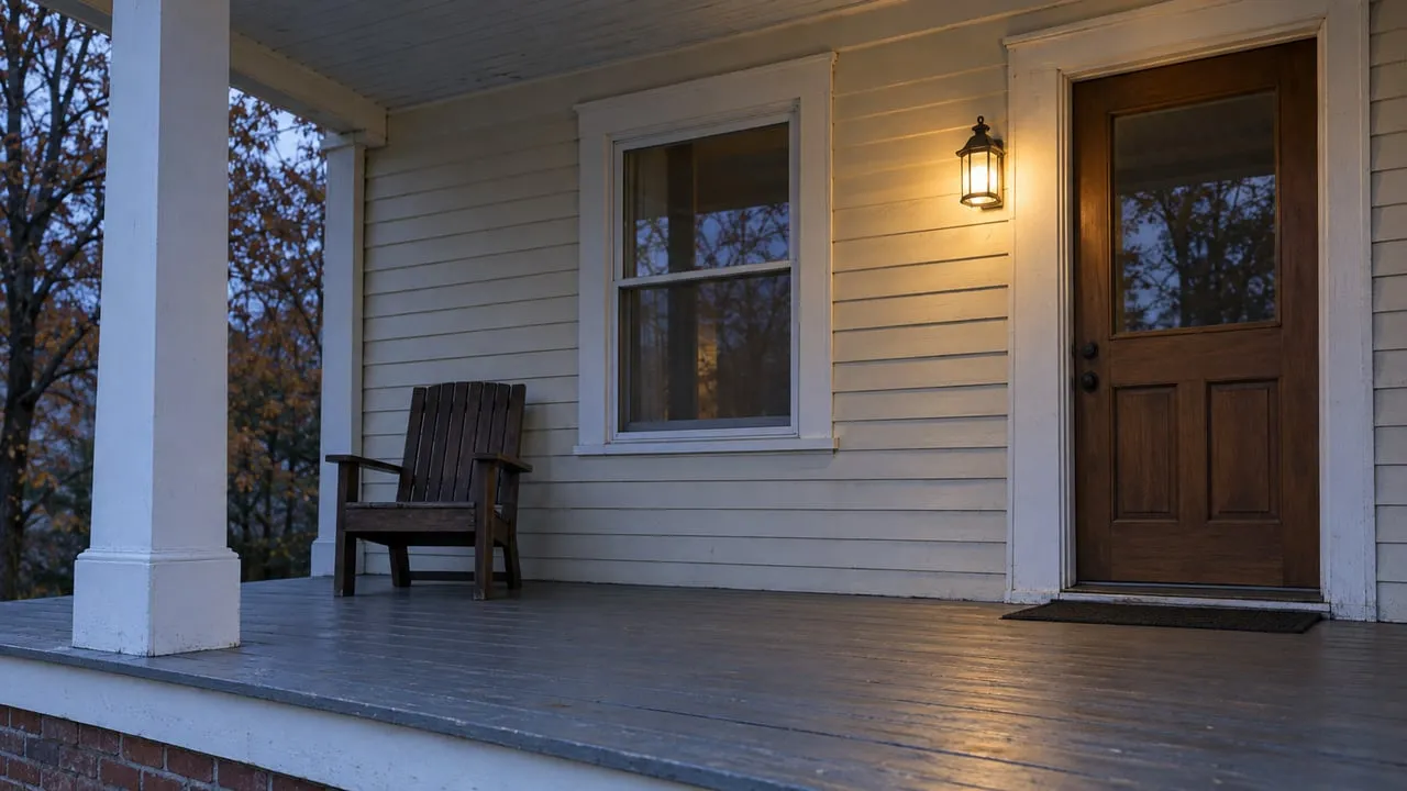 An older home's covered porch at dusk, with cream clapboard siding, a warm entry light and worn gray floorboards.