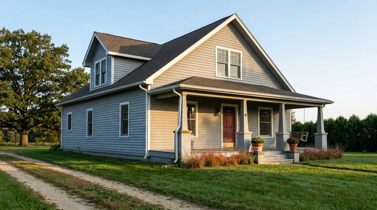 Gray farmhouse with layered gables and covered porch, oak canopy, mown lawn and gravel drive.