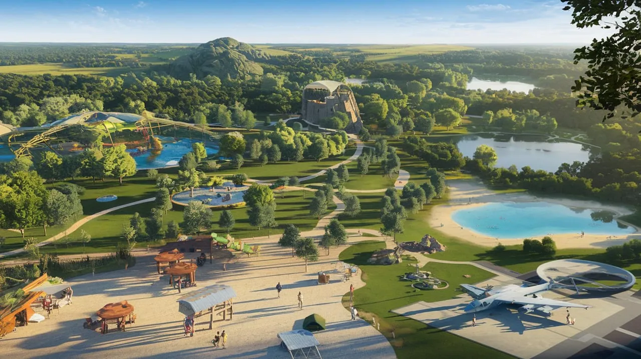 Aerial view of a sprawling park with a stone castle, blue pools, rides, and a small airplane.