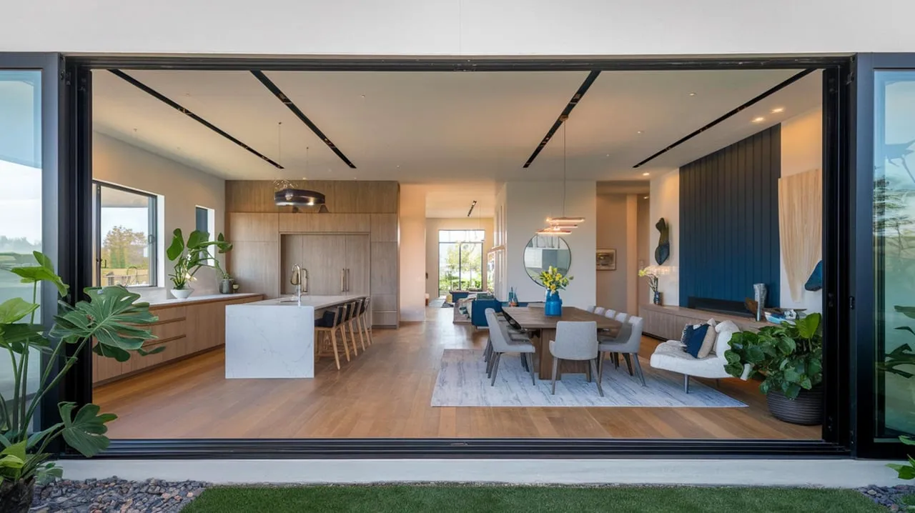 Modern open-plan living and dining room framed by wide glass doors, with a kitchen island and dark accent wall.