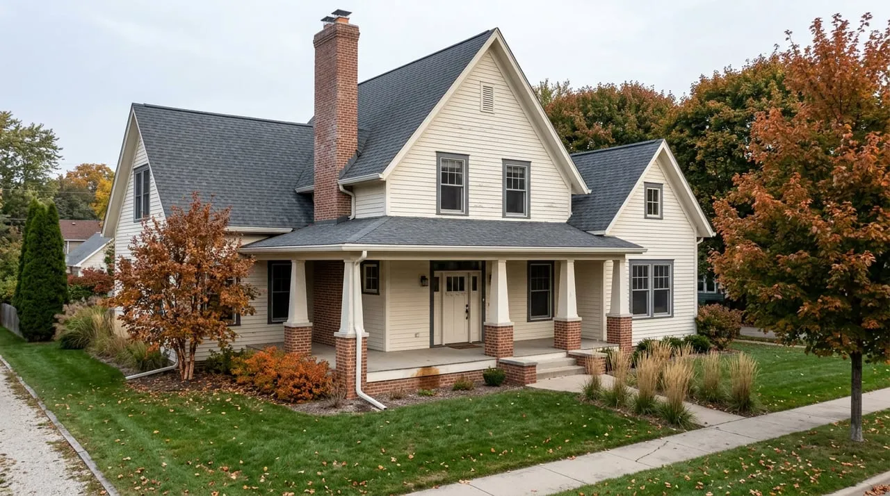 Cream clapboard Midwestern home with steep gables, a covered porch, and early-autumn trees and grasses.