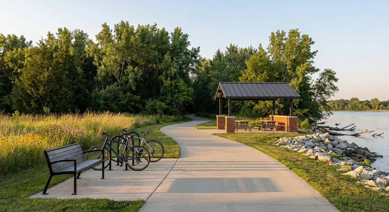 Riverside park trail beside a brick-and-metal pavilion, prairie planting bed, and riprap riverbank beneath trees.