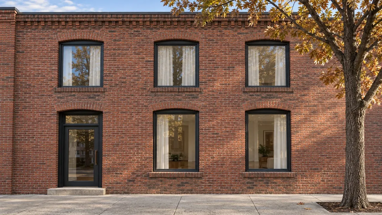 Warm afternoon light across a weathered brick residence with tall dark-framed windows, a recessed glass entrance and an oak at the sidewalk edge.
