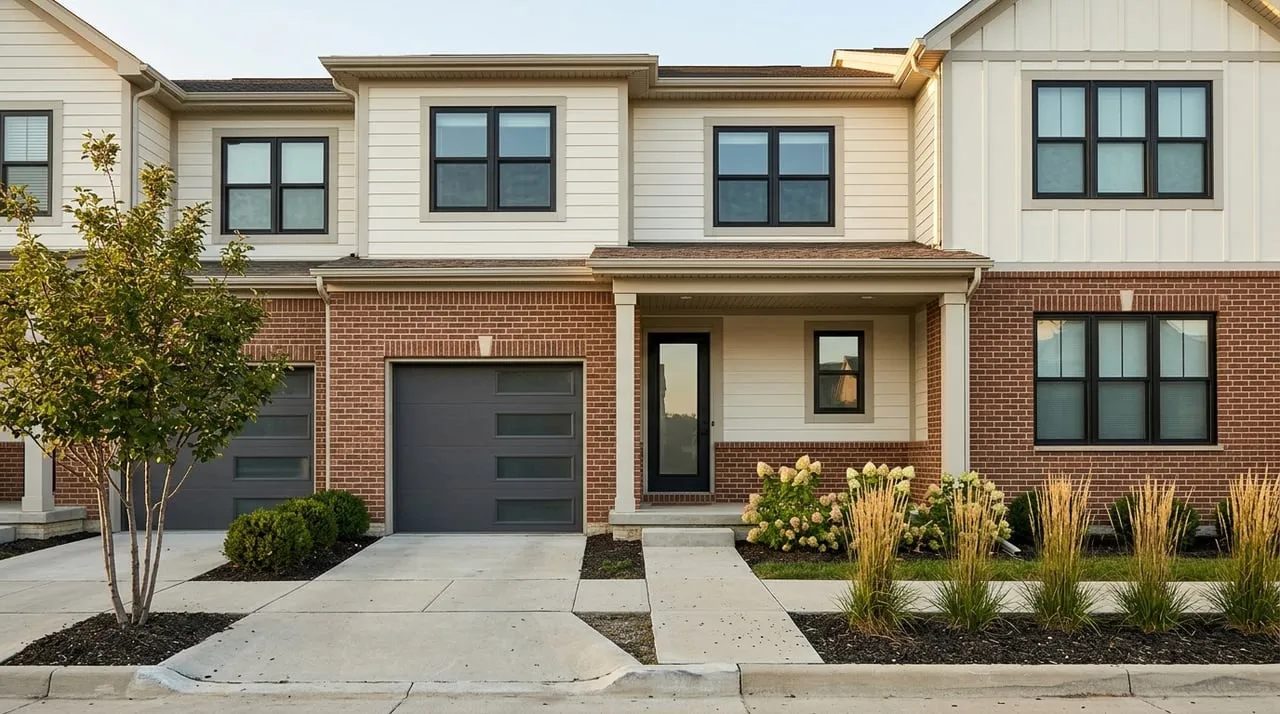 Connected brick-and-fiber-cement townhomes in warm evening light.