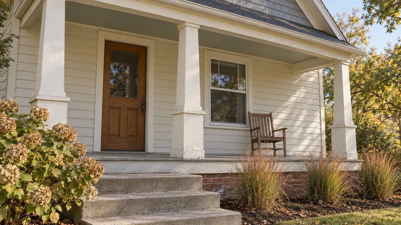 White clapboard house with a covered porch, wooden front door, rocking chair, and autumn landscaping.