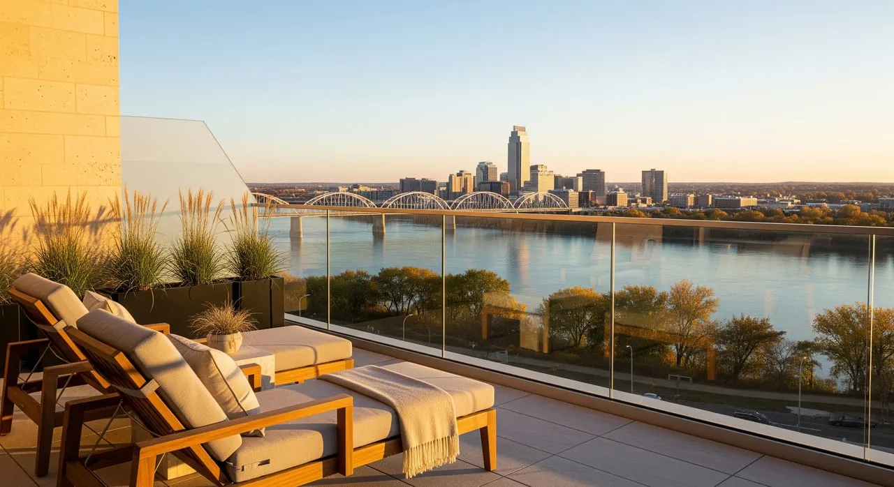 Rooftop terrace with cushioned lounge chairs overlooking a river, arched bridge, and city skyline at sunset.