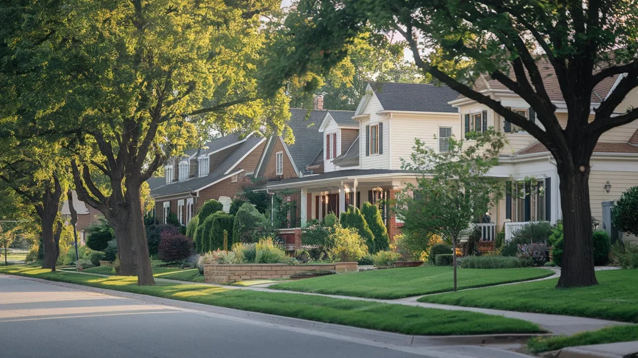 Tree-lined residential street with large homes, manicured lawns, and a raised garden bed.