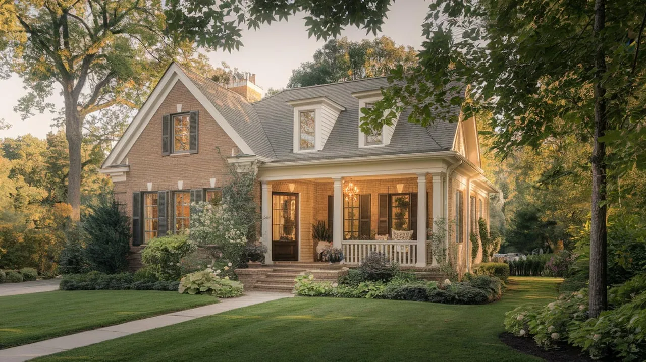 Brick house with a white-columned porch, dormers, and landscaped lawn beneath mature trees.