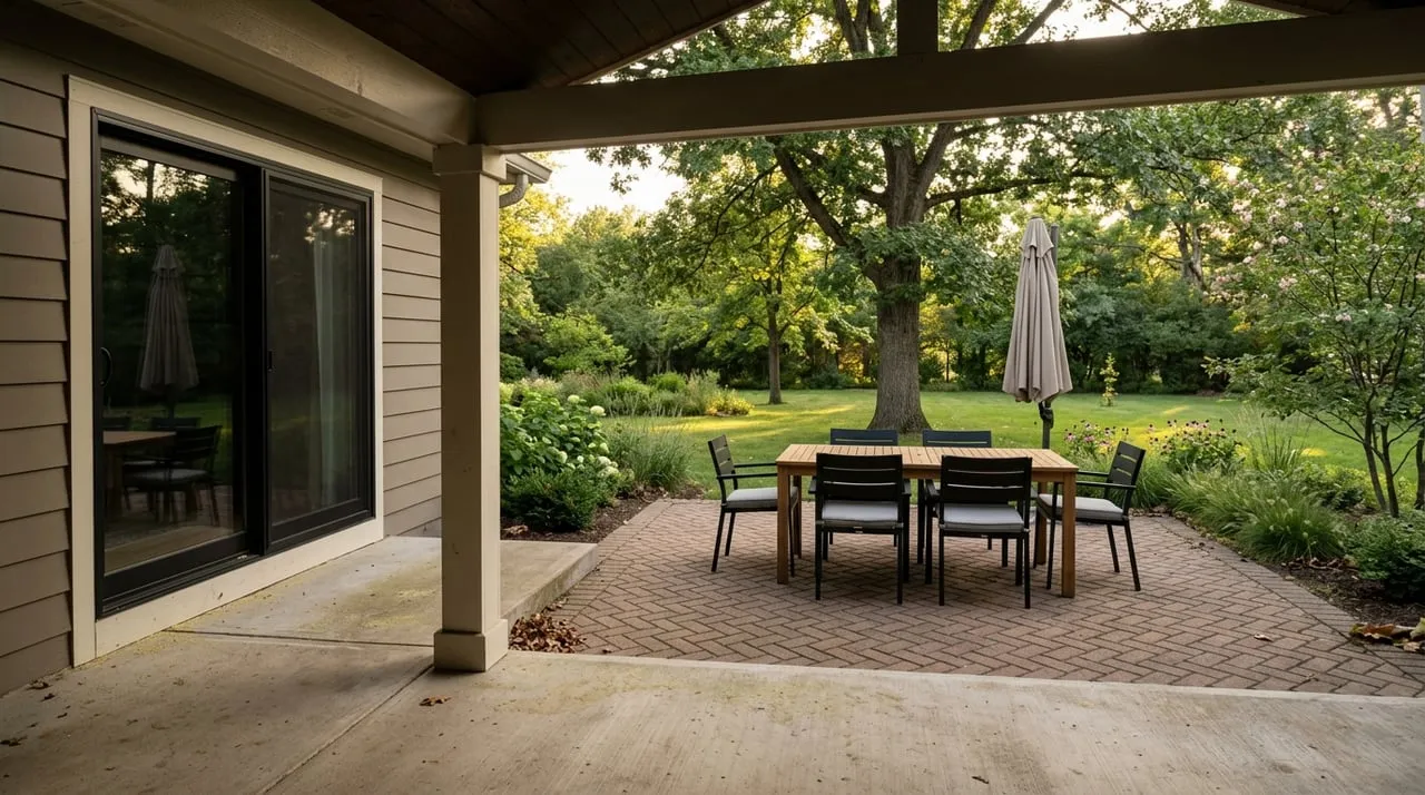 Teak threshold and pavers beside a clapboard wall, with greenery beyond.