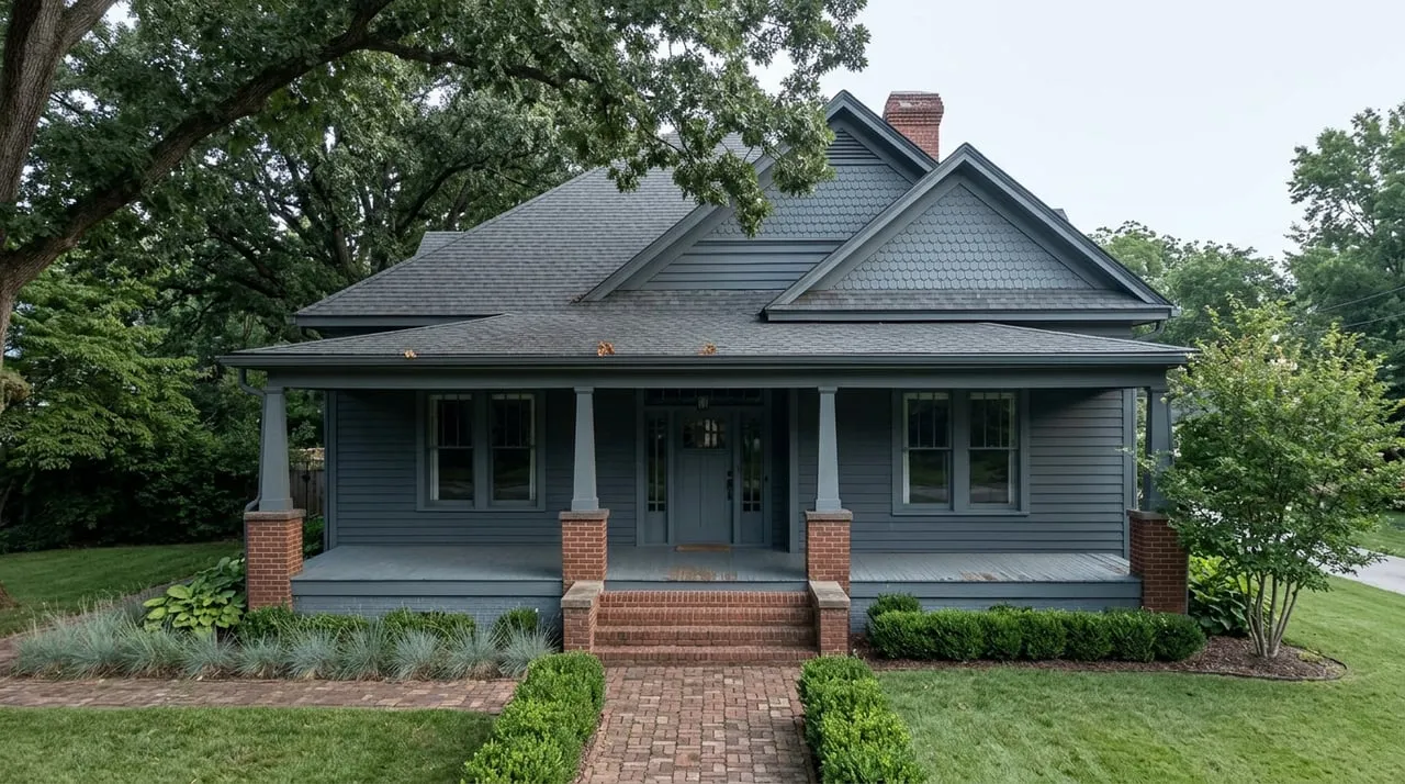 Slate-gray home with layered gables, a covered porch, brick steps, and a paver walk through the lawn.