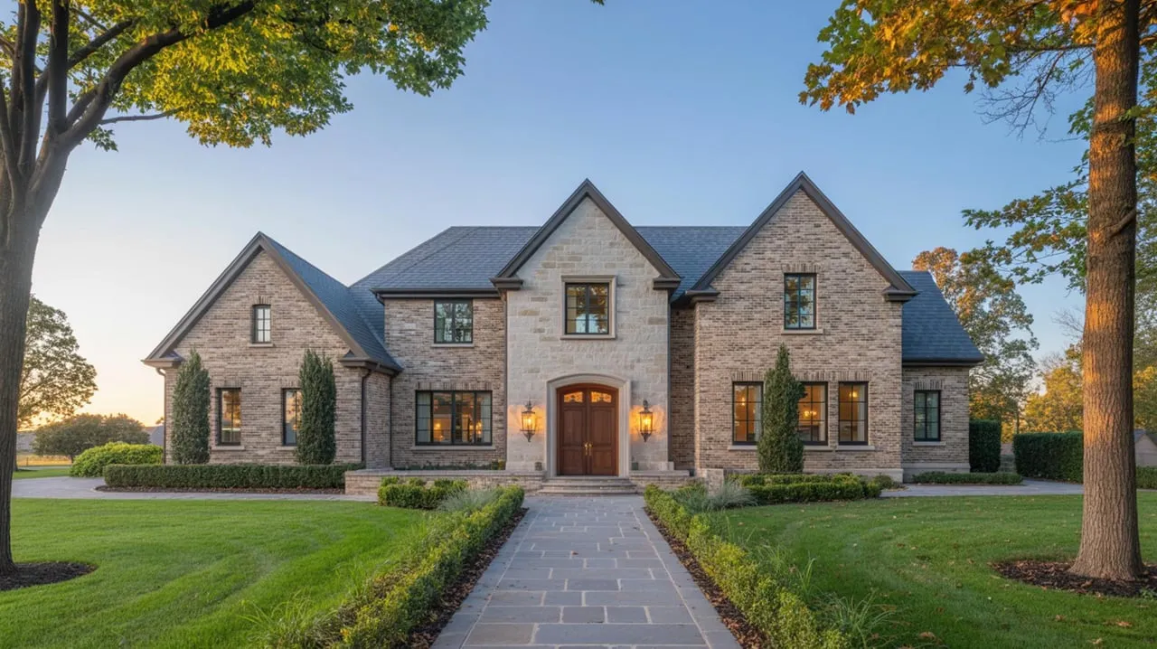 Two-story stone house with three front gables, dark roof, and paved walkway through a green lawn.