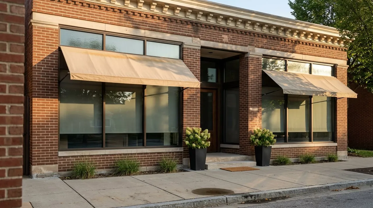 Historic two-bay brick storefront with faded canvas awnings, limestone stoop, and a mature tree canopy overhead.