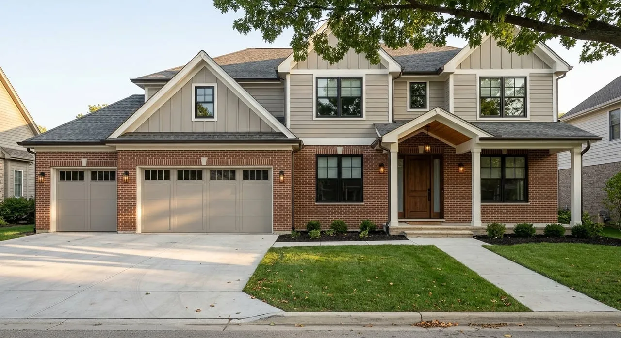 Two-story brick and greige house with black windows, a covered porch, and broad driveway.