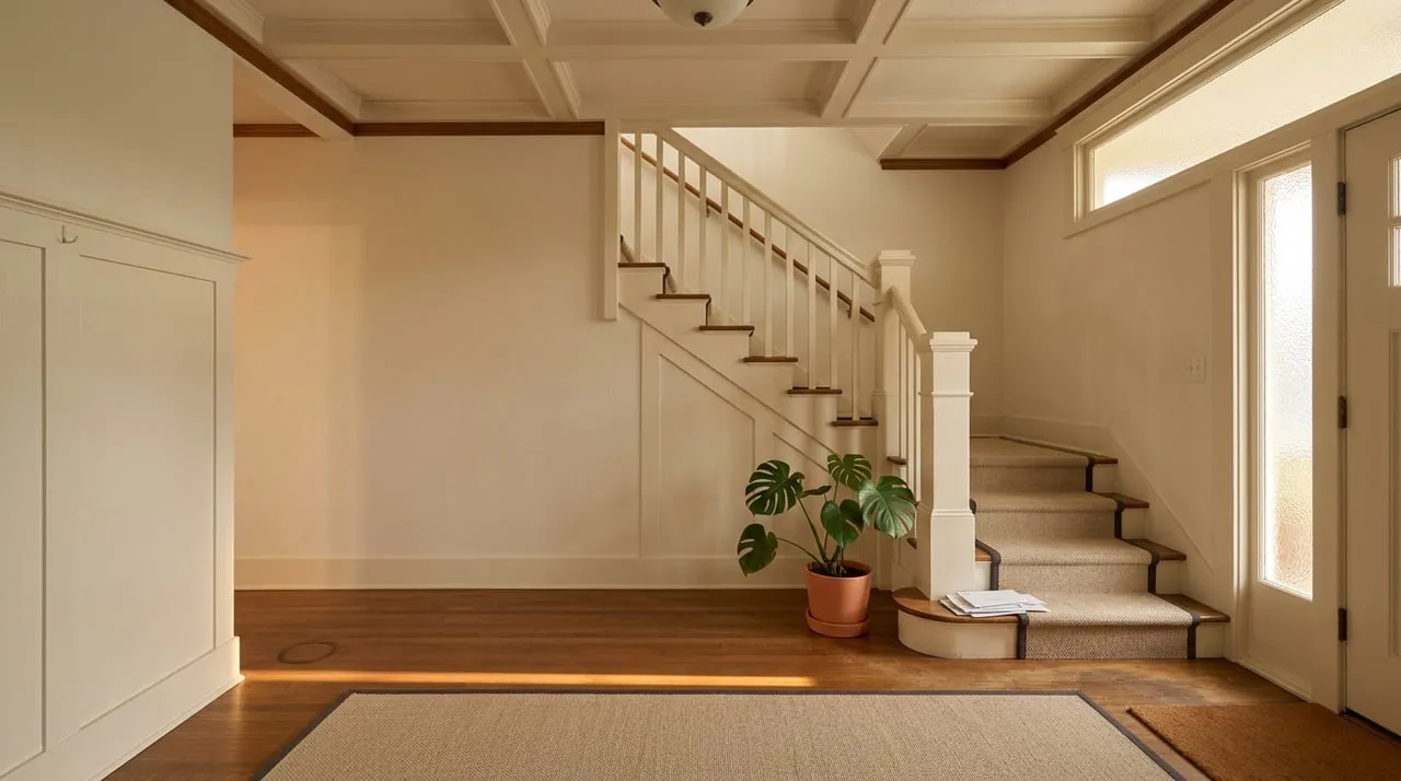 Oak staircase with a painted newel, oatmeal runner, and Monstera beneath warm light.