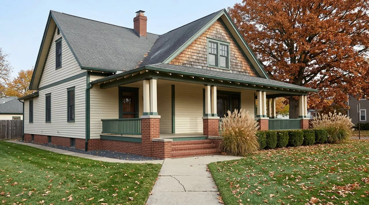Cream clapboard house with a green-trimmed porch, cedar-shingle gable, and rust-orange oak leaves overhead.