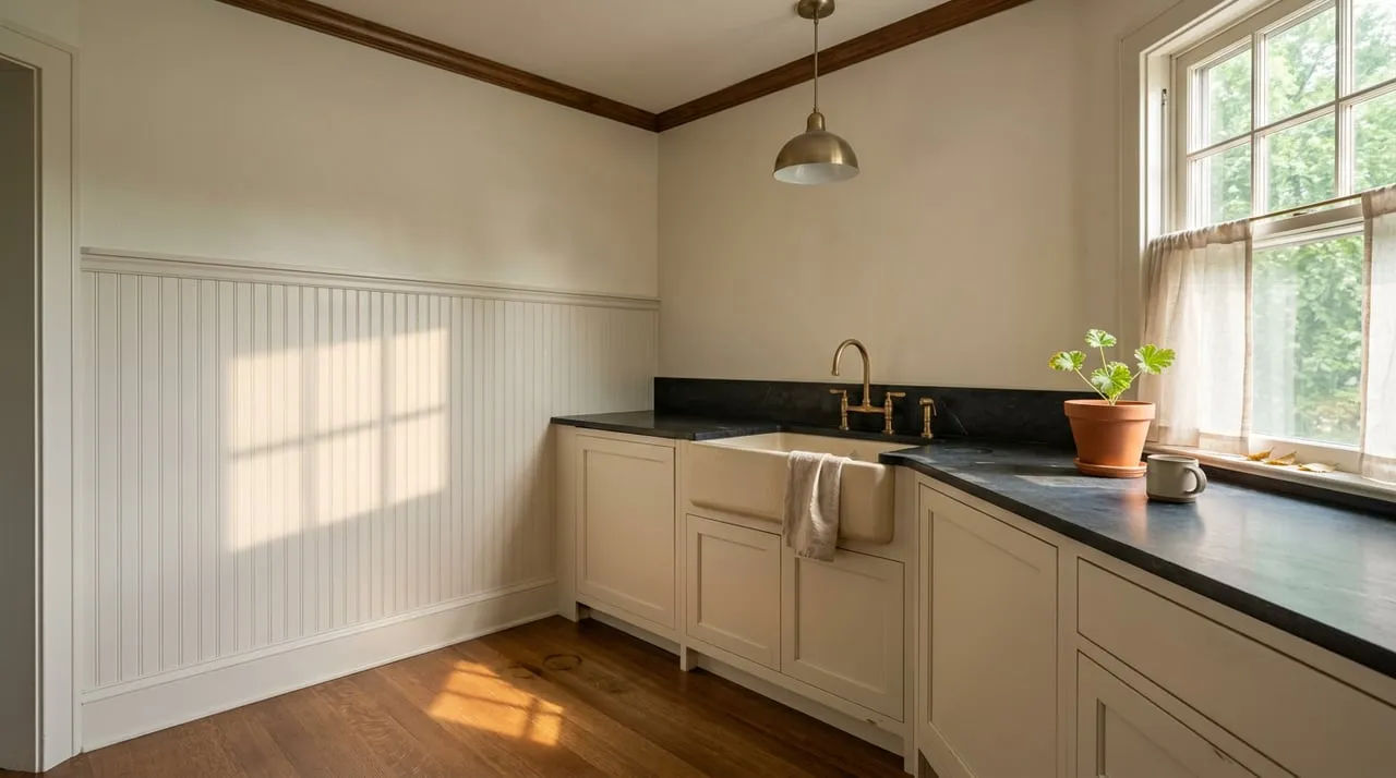 Character-home kitchen with off-white cabinets, farmhouse sink, brass faucet, and sunlit terracotta plant.