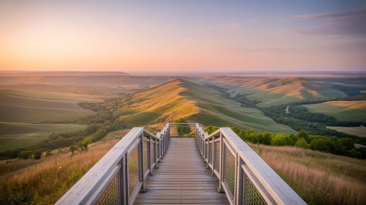 Wooden viewing walkway overlooks rolling patchwork hills beneath a pastel sunset sky.