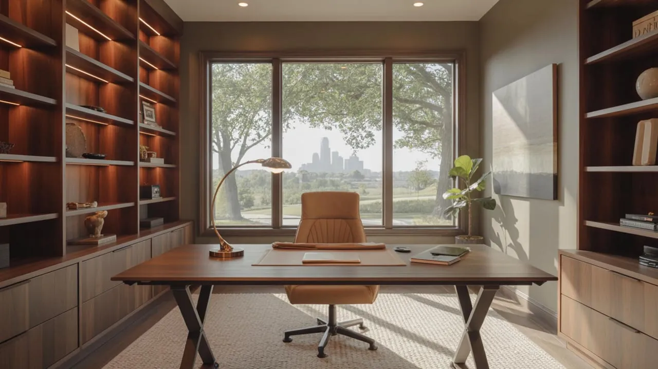 Office desk and leather chair, built-in shelves, trees and skyline visible through large windows.