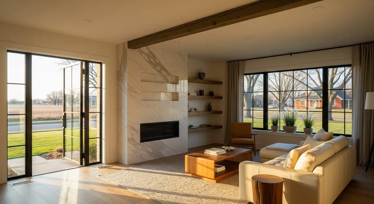 Modern living room with a marble fireplace, cream sofa, and glass doors overlooking a tree-lined lawn.