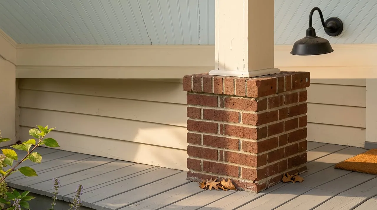 Brick porch pier supporting an off-white post, beside gray floorboards and a blue-white beadboard ceiling.
