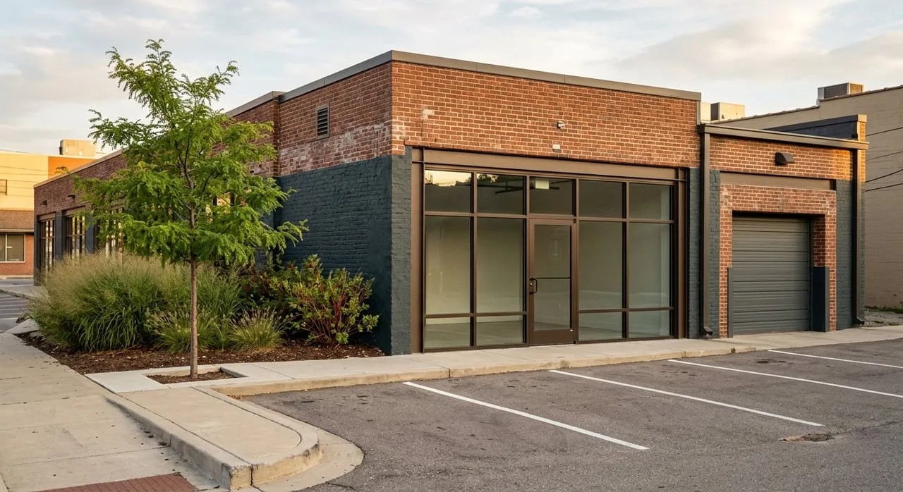 Two-bay commercial storefront with red-brown brick, glass entry, charcoal roll-up door, and empty parking stalls.
