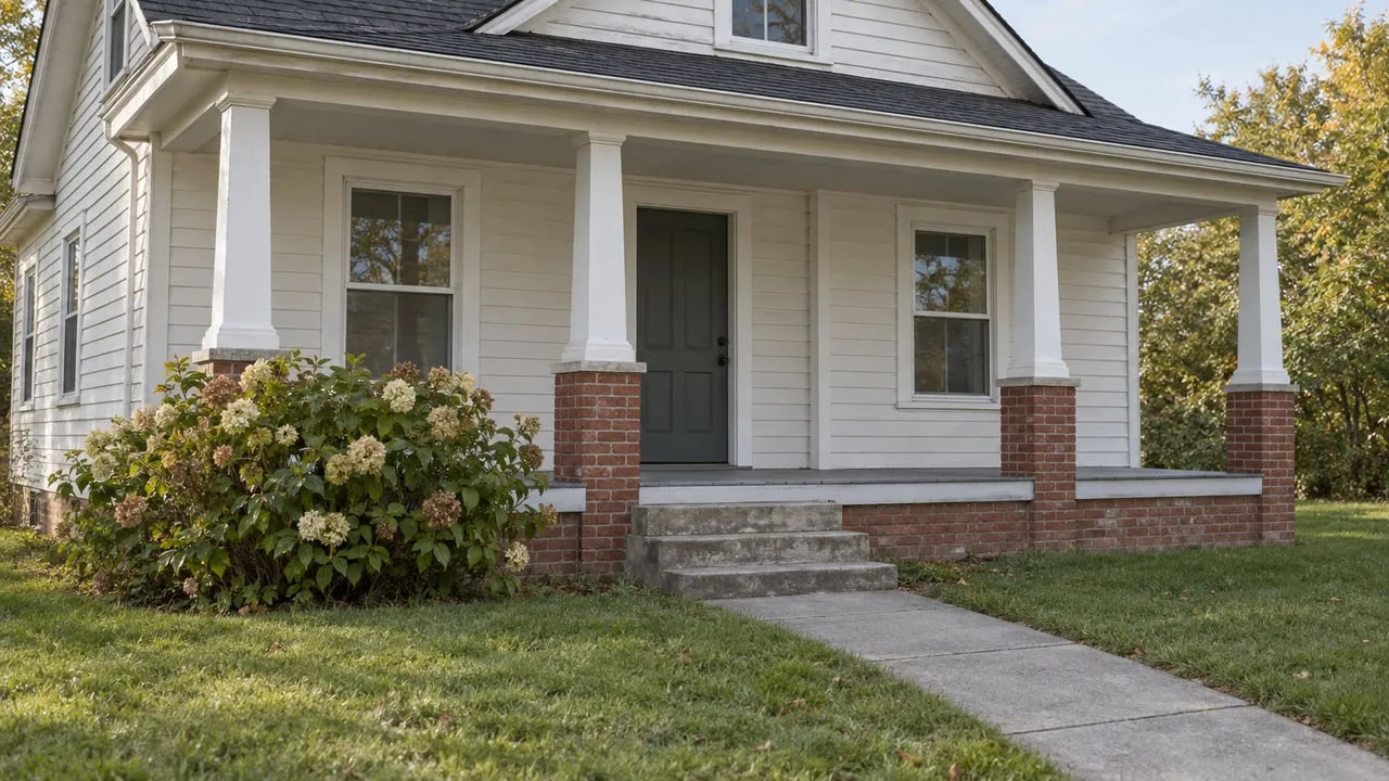 Older white clapboard house with a recessed front door, brick porch foundation, and curved walk through the lawn.